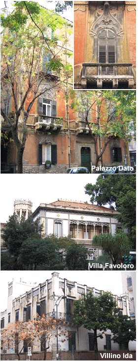Three examples of Liberty in central Palermo: Palazzo Dato, Villa Favoloro, Villino Ida.