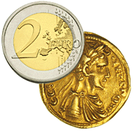 Two-euro coin and gold augustalis minted in 1230.